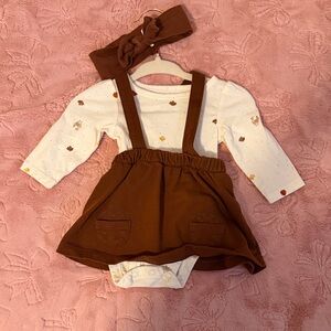 Carters Brown Suspender Skirt with White Long Sleeve Onesie and Headband